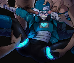 Rule 34 | 5boys, blue eyes, clenched teeth, crotch, erection, hand on head, hat, highres, male focus, multiple boys, napstablook, penis, penis grab, silver hair, teeth, uncensored, undertale, undressing, yaoi