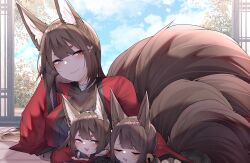 Rule 34 | 3girls, :d, absurdres, akagi-chan (azur lane), amagi-chan (azur lane), amagi (azur lane), animal ears, arm around back, arm support, azur lane, bell, black kimono, brown hair, closed eyes, day, eyeshadow, facing viewer, fox ears, fox girl, fox tail, from side, hair bell, hair between eyes, hair ornament, hairpin, half-closed eyes, head rest, highres, hug, japanese clothes, kimono, kitsune, long hair, looking at another, looking at viewer, lying, makeup, multiple girls, multiple tails, on stomach, open mouth, print kimono, purple eyes, red eyeshadow, red kimono, samip, short hair, sleeping, slit pupils, smile, tail, teeth, upper teeth only, very long hair