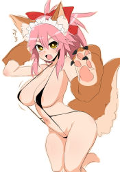 Rule 34 | 1girl, alternate costume, animal ear fluff, animal ears, animal hands, areola slip, bare arms, bare legs, bare shoulders, bell, blush, bow, breasts, cat paws, cleavage, fangs, fate/extra, fate/grand order, fate (series), fox ears, fox girl, fox tail, gloves, groin, hair bow, hair ribbon, highres, large breasts, long hair, looking at viewer, navel, neck bell, open mouth, paw gloves, pink hair, ponytail, ribbon, slingshot swimsuit, smile, solo, swimsuit, tail, tamamo (fate), tamamo cat (fate), yellow eyes, yoshi tama