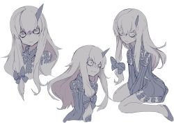 Rule 34 | bags under eyes, character sheet, dress, fate/grand order, fate (series), hair ribbon, horns, lavinia whateley (fate), long hair, monochrome, multiple views, ribbon, shiromiso, simple background, single horn, sitting, very long hair, wavy mouth, white background, wide-eyed
