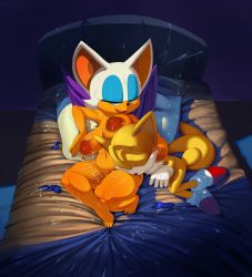 Rule 34 | 1boy, 1girl, afterglow, animal ears, aqua eyes, bat ears, bat wings, bed, blue eyes, breasts, cleft of venus, colored skin, condom, cum, cum on body, cum on breasts, cum on upper body, curvy, dark nipples, eyelashes, eyeshadow, fox ears, fox tail, from above, furry, furry female, furry male, furry with furry, half-closed eyes, hand on another&#039;s cheek, hetero, highres, large breasts, looking away, lying, makeup, multiple tails, naughty face, nipples, nude, open mouth, orange skin, pussy, rouge the bat, sagging breasts, seductive smile, smile, sonic (series), sweat, tail, tails (sonic), the boogie, thick thighs, thighs, unaligned breasts, used condom, wings