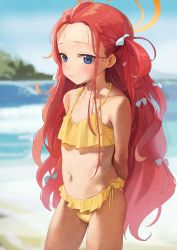 Rule 34 | 1girl, absurdres, alternate costume, arms behind back, bikini, blue archive, blue eyes, blurry, blurry background, blush, breasts, closed mouth, collarbone, commentary request, day, depth of field, dorontabi, flat chest, forehead, frilled bikini, frills, hair ribbon, halo, highres, legs apart, long hair, looking at viewer, navel, outdoors, red hair, ribbon, side-tie bikini bottom, small breasts, solo, standing, swimsuit, very long hair, water, white ribbon, yellow bikini, yuzu (blue archive)