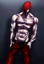 Rule 34 | 1boy, choker, hair over one eye, hands in pockets, jacket, looking at viewer, male focus, muscular, navel, pale skin, pants, red eyes, red hair, red pants, sawao, topless male, short hair, smirk, snk, solo, the king of fighters, yagami iori