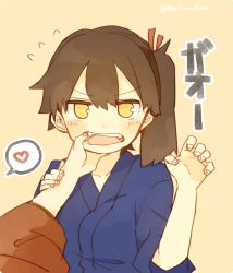 Rule 34 | 10s, 2girls, akagi (kancolle), arm grab, blush, brown eyes, collarbone, commentary, fangs, finger in another&#039;s mouth, flying sweatdrops, hair between eyes, hair ribbon, heart, ina (1813576), japanese clothes, kaga (kancolle), kantai collection, kimono, long hair, looking at viewer, multiple girls, open mouth, red ribbon, ribbon, round teeth, side ponytail, simple background, spoken heart, teeth, twitter username