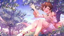 Rule 34 | 1girl, ahoge, brown hair, closed eyes, cloud, game cg, grass, idolmaster, idolmaster million live!, idolmaster million live! theater days, kinoshita hinata, official art, open mouth, short hair, sitting, solo, tree