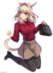 Rule 34 | 10s, 1girl, animal ears, aruma jiki, bag, black footwear, black pantyhose, blonde hair, blush, boots, bow, center frills, contemporary, dress shirt, eyebrows, facial mark, final fantasy, final fantasy xiv, frills, full body, green eyes, hairband, heart, holding, holding bag, long hair, long sleeves, looking at viewer, miqo&#039;te, pantyhose, parted lips, plaid, red bow, shirt, simple background, skirt, solo, tail, twitter username, white background