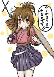 Rule 34 | 10s, 1girl, arrow (projectile), blush stickers, brown hair, clenched hands, cosplay, flight deck, folded ponytail, houshou (kancolle), houshou (kancolle) (cosplay), inazuma (kancolle), kantai collection, looking at viewer, mujuuryoku kantai, quiver, skirt, smirk, solo, suzaki aya, tasuki, thighhighs, translation request, voice actor connection, white thighhighs, yellow eyes
