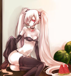 Rule 34 | 10s, 1girl, abyssal ship, aki (o2x x2o), bad id, bad pixiv id, breasts, cleavage, elbow gloves, food, fruit, gloves, hair over one eye, heart, heart-shaped lock, jewelry, kantai collection, lock, long hair, navel, necklace, pale skin, personification, red eyes, sitting, solo, southern ocean oni, star (symbol), thighhighs, twintails, very long hair, watermelon, white hair