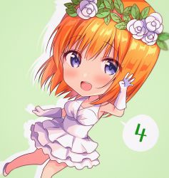 Rule 34 | 1girl, :d, amedamacon, bare shoulders, blush, breasts, chibi, commentary request, dress, drop shadow, elbow gloves, flower, gloves, go-toubun no hanayome, grey background, hair between eyes, hair flower, hair ornament, hand up, highres, layered dress, long hair, medium breasts, nakano yotsuba, open mouth, orange hair, pleated dress, purple eyes, rose, shoes, sleeveless, sleeveless dress, smile, solo, teeth, upper teeth only, white dress, white flower, white footwear, white gloves, white rose