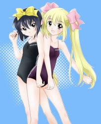Rule 34 | 2girls, holding, holding own hair, meineko, multiple girls, one-piece swimsuit, swimsuit, tagme, twintails