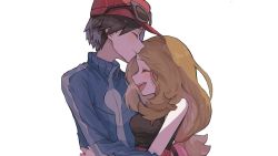 Rule 34 | 1boy, 1girl, :d, blue jacket, brown hair, calem (pokemon), closed eyes, closed mouth, creatures (company), eyewear on headwear, game freak, hat, highres, jacket, long hair, nintendo, open mouth, pokemon, pokemon xy, red headwear, serena (pokemon), shirt, short hair, simple background, sleeveless, sleeveless shirt, smile, sunglasses, teeth, tongue, tyou08665851, upper body, upper teeth only, white background