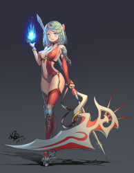 Rule 34 | 1girl, absurdres, asymmetrical gloves, blue eyes, blue fire, blush, braid, breasts, cleavage, covered erect nipples, fire, full body, garter straps, gloves, green hair, hairband, highres, looking at viewer, magic, medium breasts, navel, open mouth, original, scythe, smile, solo, standing, thighhighs, uneven gloves, xiaoxi0619