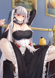 Rule 34 | 1girl, absurdres, arm behind head, arm up, azur lane, between breasts, bird, black dress, blush, breasts, chair, chick, cleavage, collarbone, cup, detached collar, detached sleeves, dress, drinking glass, error1945, formidable (azur lane), frilled dress, frills, grey hair, highres, large breasts, long hair, looking at viewer, manjuu (azur lane), neck ribbon, pantyhose, red eyes, ribbon, squatting, twintails, two-tone dress, very long hair, white dress, white pantyhose, wine glass