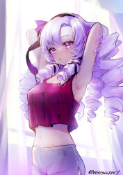 Rule 34 | 1girl, absurdres, arms behind head, arms up, backlighting, black ribbon, breasts, closed mouth, commentary, cowboy shot, crop top, cropped shirt, curtains, day, dolphin shorts, drill hair, grey shorts, hair ribbon, highres, hyakumantenbara salome, indoors, long hair, looking at viewer, loungewear, medium breasts, midriff, navel, nijisanji, peteron, purple eyes, purple hair, red tank top, ribbon, short shorts, shorts, solo, standing, tank top, twitter username, virtual youtuber, window
