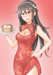 Rule 34 | 1girl, alternate costume, anti (untea9), bamboo steamer, baozi, black hair, breasts, brown eyes, china dress, chinese clothes, cleavage, commentary request, cowboy shot, dress, food, gradient background, hair ornament, hairband, hairclip, hand on own hip, haruna (kancolle), highres, kantai collection, long hair, looking at viewer, medium breasts, red background, red dress, solo, white hairband