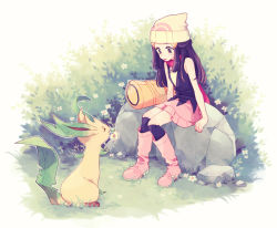 Rule 34 | 1girl, bag, bare shoulders, beanie, black eyes, black hair, black shirt, black socks, blush, boots, bush, closed eyes, closed mouth, creatures (company), dawn (pokemon), duffel bag, female focus, flat chest, flower, full body, game freak, gen 4 pokemon, grass, hair ornament, hairclip, hat, highres, knee boots, kneehighs, knees together feet apart, komasawa (fmn-ppp), leafeon, long hair, looking at another, looking down, matching hair/eyes, miniskirt, mouth hold, nintendo, open mouth, outline, pink footwear, pink skirt, poke ball symbol, poke ball theme, pokemon, pokemon (creature), pokemon dppt, red scarf, rock, scarf, shirt, sitting, skirt, sleeveless, sleeveless shirt, smile, socks, white flower, white hat, white outline