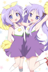 2girls armpits bare_shoulders cheerleader collarbone feet_out_of_frame female_focus hair_ribbon highres hiiragi_kagami hiiragi_tsukasa long_hair looking_at_viewer lucky_star medium_hair multiple_girls open_mouth pom_pom_(cheerleading) purple_eyes purple_hair ribbon siblings sisters socks sotoba_you standing standing_on_one_leg white_socks