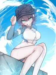 Rule 34 | 1girl, absurdres, aqua eyes, bare legs, blue archive, blush, breasts, bucket hat, feet out of frame, grin, halo, hat, head tilt, highres, large breasts, long sleeves, looking at viewer, outdoors, rash guard, saki (blue archive), saki (swimsuit) (blue archive), sitting, smile, solo, sweatdrop, vivo (vivo sun 0222)