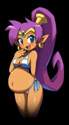 Rule 34 | 1girl, belly, bikini, blue eyes, blush, breasts, cleavage, dark skin, dark-skinned female, earrings, female focus, jewelry, looking at viewer, makoto yabe, pointy ears, ponytail, pregnant, purple hair, shantae, shantae (series), shantae and the pirate&#039;s curse, solo, swimsuit, third-party edit