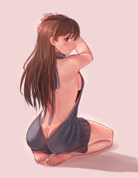 Rule 34 | 10s, 1girl, absurdres, arms up, ass, back, backless dress, backless outfit, bare back, bare shoulders, barefoot, beige background, blush, breasts, brown eyes, brown hair, butt crack, closed mouth, dress, from behind, full body, halterneck, hands in hair, highres, idolmaster, idolmaster cinderella girls, kamille (vcx68), large breasts, long hair, looking at viewer, looking back, meme attire, naked sweater, nitta minami, ribbed sweater, seiza, shadow, sideboob, simple background, sitting, smile, solo, sweater, sweater dress, turtleneck, turtleneck sweater, virgin killer sweater
