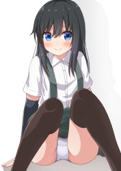 Rule 34 | 1girl, arm warmers, asashio (kancolle), black hair, black thighhighs, blue eyes, blush, buttons, closed mouth, collared shirt, comiching, grey skirt, hair between eyes, highres, kantai collection, long hair, panties, pleated skirt, shirt, short sleeves, simple background, skirt, solo, thighhighs, underwear, white background, white panties, white shirt