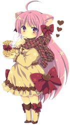 Rule 34 | 1girl, adjusting scarf, ahoge, animal ears, bad id, bad pixiv id, bow, cat ears, closed mouth, dress, full body, gift, hair bow, heart, highres, holding, holding gift, hwaa-san, long hair, looking at viewer, matsusaka gyuu, original, pink eyes, pink hair, plaid, plaid scarf, scarf, simple background, solo, valentine, very long hair, white background