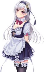 Rule 34 | 1girl, arms behind back, blush, bow, bowtie, breasts, cleavage, cowboy shot, detached collar, eyebrows hidden by hair, feet out of frame, female focus, game cg, garter straps, highres, legs, long hair, looking at viewer, maid, original, red eyes, simple background, small breasts, solo, standing, tachi-e, thighhighs, thighs, transparent background, uchi no koibito, white hair, yamakaze ran, yuri (uchi no koibito), zettai ryouiki