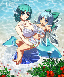 Rule 34 | 2girls, :d, barefoot, blue eyes, blue hair, bow, bracelet, breasts, caustics, cirno, cleavage, fins, flower, hair bow, head fins, hibiscus, highres, holding, inflatable dolphin, inflatable toy, jewelry, large breasts, lots of jewelry, mermaid, monster girl, multiple girls, navel, open mouth, outstretched arm, outstretched hand, sarong, short hair, smile, touhou, umigarasu (kitsune1963), wading, wakasagihime, water, wet, wings