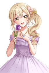 Rule 34 | 1girl, :d, absurdres, alternate hairstyle, bad id, bad pixiv id, bang dream!, bare shoulders, bead necklace, beads, blonde hair, blush, bow, cowboy shot, dress, flower, gem, hair bow, hair flower, hair ornament, hand on own chest, head tilt, highres, holding, holding flower, ichigaya arisa, jewelry, looking at viewer, necklace, open mouth, orange eyes, purple dress, side ponytail, sidelocks, simple background, sleeveless, sleeveless dress, smile, solo, standing, strapless, strapless dress, white background, zipgaemi