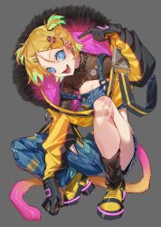 Rule 34 | 1girl, :d, absurdres, asymmetrical clothes, bandaid, bandaid on knee, bandaid on leg, blonde hair, blue eyes, boots, commentary request, cropped jacket, ear piercing, earrings, fangs, fur trim, gloves, grey background, hair ornament, hairclip, highres, jewelry, looking at viewer, neon trim, open mouth, original, piercing, pink pupils, short hair, short twintails, single pantsleg, smile, solo, soono (rlagpfl), squatting, suspenders, tail, twintails