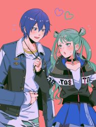 Rule 34 | 1boy, 1girl, black jacket, blue hair, blue nails, blue skirt, blush, character request, earrings, green hair, green nails, hand on own hip, hatsune miku, heart, jacket, jewelry, kaito (vocaloid), looking at another, looking down, looking up, nail polish, necktie, noriuma, open mouth, project sekai, shirt, short hair, simple background, skirt, smile, standing, sweat, sweatdrop, twintails, vivid bad squad kaito, vivid bad squad miku, vocaloid, white shirt