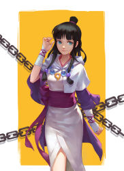 Rule 34 | 1girl, maya fey, black hair, breasts, closed mouth, commentary, diana wangfei, ace attorney, hair ornament, half updo, japanese clothes, jewelry, long hair, looking at viewer, magatama, necklace, simple background, smile, solo