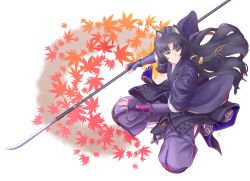 Rule 34 | 1girl, absurdres, animal ears, arknights, armor, black hair, brown eyes, closed mouth, dog ears, faulds, fingerless gloves, gloves, highres, hip vent, holding, holding naginata, holding weapon, infection monitor (arknights), japanese clothes, kimono, long hair, long sleeves, naginata, pants, polearm, purple kimono, purple pants, saga (arknights), shao (newton), solo, weapon