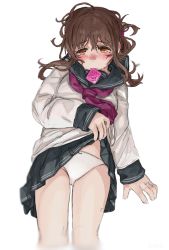Rule 34 | black collar, black skirt, blouse, bow, bow panties, brown hair, clothes lift, collar, commentary, condom, condom in mouth, condom wrapper, heart, heart-shaped pupils, highres, inazuma (kancolle), jewelry, kantai collection, kuro4221, lifted by self, lying, messy hair, mouth hold, panties, pleated skirt, ring, sailor collar, school uniform, serafuku, shirt, skirt, skirt lift, solo, symbol-shaped pupils, symbol in eye, underwear, wedding band, white panties, white shirt