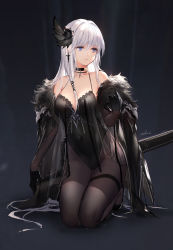 Rule 34 | 1girl, absurdres, artist name, bare shoulders, black choker, black coat, black gloves, black leotard, black pantyhose, blue eyes, breasts, choker, cleavage, closed mouth, coat, collarbone, copyright request, covered navel, feather hair ornament, feathers, full body, fur-trimmed coat, fur trim, gloves, hair ornament, highleg, highleg leotard, highres, kneeling, leotard, long hair, looking away, looking to the side, medium breasts, off shoulder, open clothes, open coat, pantyhose, signature, silver hair, smile, solo, swd3e2, very long hair