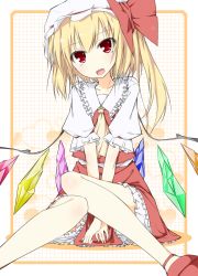 Rule 34 | 1girl, an (angular-angler), bad id, bad pixiv id, blonde hair, blouse, collared shirt, covering crotch, covering privates, female focus, flandre scarlet, hair between eyes, hat, head tilt, highres, mob cap, red eyes, shirt, sitting, smile, solo, touhou, white hat, white shirt