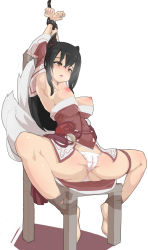 Rule 34 | 1girl, ahri (league of legends), animal ears, armpits, arms up, bdsm, black hair, blush, bondage, bound, bound wrists, breasts, breasts out, cameltoe, chain, chained, chair, cleft of venus, fox ears, fox girl, fox tail, highres, infraton, league of legends, long hair, medium breasts, nipples, open mouth, panties, sitting, solo, spread legs, tail, tape, underwear, white panties, yellow eyes