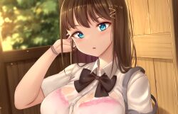 Rule 34 | 1girl, :o, absurdres, aqua eyes, arm up, bag, black bow, black bowtie, blurry, blurry background, bow, bowtie, bra, bra visible through clothes, bracelet, breasts, brown hair, bus stop, collared shirt, commentary request, hand in own hair, highres, jewelry, large breasts, leaf, long hair, looking at viewer, nail polish, open mouth, original, pink bra, school bag, school uniform, see-through, see-through shirt, shirt, short hair, skywalker0610, solo, underwear, uniform, upper body, wet, wet clothes, wet shirt, white shirt