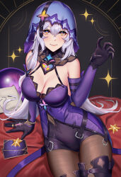 Rule 34 | 1girl, absurdres, anoreika tomoe, arm support, ball, bare shoulders, black gloves, black swan (honkai: star rail), breasts, card, cleavage, commentary, covered navel, dress, elbow gloves, gloves, highres, honkai: star rail, honkai (series), large breasts, long hair, looking at viewer, pantyhose, pillow, purple dress, purple hair, sitting, sleeveless, sleeveless dress, smile, solo, thighs, veil, very long hair, yellow eyes