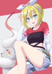 Rule 34 | 1girl, :d, absurdres, blonde hair, blue eyes, bow hairband, collarbone, commentary request, creatures (company), eyelashes, game freak, grey shorts, hair between eyes, hairband, hand up, highres, hisuian zorua, irida (pokemon), irida (special costume) (pokemon), looking at viewer, medium hair, nintendo, official alternate costume, open mouth, pokemon, pokemon (creature), pokemon masters ex, shiny skin, shirt, shorts, sitting, sleeves past wrists, smile, ssaaggwwaa, teeth, upper teeth only, white hairband
