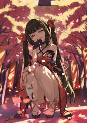Rule 34 | 1girl, bare shoulders, black hair, commentary request, detached sleeves, dress, falling petals, full body, gloves, hand up, head tilt, highres, holding, holding mask, honkai: star rail, honkai (series), long hair, looking at viewer, mask, mole, mole under each eye, mole under eye, multiple moles, naruto maki (naruto05), open mouth, outdoors, petals, purple gloves, red dress, red eyes, sandals, single glove, smile, solo, sparkle (honkai: star rail), squatting, thighs, twintails