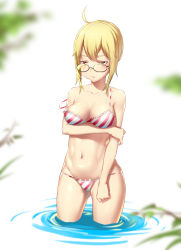 Rule 34 | 1girl, :t, absurdres, ahoge, areola slip, artist request, artoria pendragon (all), artoria pendragon (fate), bad id, bad pixiv id, bare arms, bare shoulders, bikini, blonde hair, blurry, blurry background, blush, breasts, character request, check character, collarbone, commentary, fate/grand order, fate (series), glasses, hair between eyes, highres, in water, looking at viewer, medium breasts, mysterious heroine x alter (fate), navel, red bikini, saber (fate), short hair, sidelocks, solo, standing, striped bikini, striped clothes, swimsuit, wading, white bikini, yellow eyes