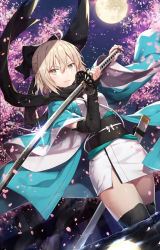 Rule 34 | 1girl, ahoge, arm guards, arm up, black bow, black footwear, black scarf, blonde hair, boots, bow, cherry blossoms, closed mouth, commentary request, dutch angle, fate (series), full moon, gabiran, glint, hair between eyes, hair bow, half updo, haori, holding, holding sword, holding weapon, japanese clothes, katana, kimono, koha-ace, legs together, long sleeves, looking at viewer, moon, night, night sky, obi, okita souji (fate), okita souji (koha-ace), outdoors, sash, scabbard, scarf, serious, sheath, shinsengumi, short hair, short kimono, sidelocks, sky, solo, standing, sword, thigh boots, thighhighs, tree, unsheathed, v-shaped eyebrows, wading, water, weapon, white kimono, wide sleeves, wind, yellow eyes