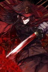 Rule 34 | 1girl, black hair, crest, family crest, fate/grand order, fate (series), flower, gloves, hair between eyes, hat, highres, holding, holding sword, holding weapon, katana, long sleeves, looking at viewer, military hat, military uniform, oda nobunaga (fate), oda uri, parted lips, peaked cap, red eyes, red theme, smirk, solo, spider lily, standing, sword, tsukigumo haori, uniform, weapon