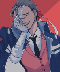 Rule 34 | 1boy, ace attorney, apollo justice, bandage over one eye, bandaged arm, bandaged fingers, bandaged hand, bandages, black necktie, blue jacket, brown hair, closed eyes, collared shirt, crying, hand over eye, hand up, high collar, jacket, jacket on shoulders, kiro iroiro, lapel pin, lapels, male focus, necktie, one eye covered, parted lips, red background, red vest, sad smile, shirt, short hair, simple background, solo, upper body, vest, white shirt