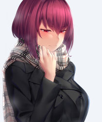 Rule 34 | 1girl, absurdres, black jacket, blush, breasts, buttons, closed mouth, fate (series), hair between eyes, hair intakes, highres, jacket, large breasts, long hair, long sleeves, looking at viewer, lun7732, purple hair, red eyes, scarf, scathach (fate), scathach (traveling outfit) (fate), simple background, solo, white background