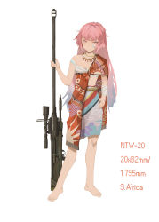 Rule 34 | 1girl, absurdres, african clothes, alternate costume, anti-materiel rifle, bandaged arm, bandages, barefoot, chinese zodiac, chuck (harfmoondark), commentary request, denel land systems, english text, full body, girls&#039; frontline, gun, highres, ntw-20, ntw-20 (girls&#039; frontline), pink hair, rifle, shibari, simple background, sniper rifle, solo, standing, tribal illustration, weapon, white background