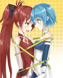 Rule 34 | 10s, 2girls, bad id, bad pixiv id, bare shoulders, blue eyes, blue hair, bow, cape, eye contact, fang, female focus, gloves, hair bow, hair ornament, hairclip, heirou, long hair, looking at another, magical girl, mahou shoujo madoka magica, mahou shoujo madoka magica (anime), miki sayaka, multiple girls, open mouth, polearm, ponytail, red eyes, red hair, sakura kyoko, short hair, sweat, sweatdrop, very long hair, weapon, white gloves, yuri