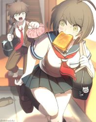 Rule 34 | 1boy, 1girl, ahoge, bag, black thighhighs, blush, bread, bread slice, breasts, brother and sister, brown hair, danganronpa: trigger happy havoc, danganronpa (series), danganronpa another episode: ultra despair girls, day, food, food in mouth, giving, green eyes, hair between eyes, holding, indoors, late for school, looking at another, mouth hold, naegi komaru, naegi makoto, necktie, oekakinakuko, open mouth, outstretched arm, pleated skirt, school bag, school uniform, serafuku, shoes, short hair, siblings, skirt, sunlight, sweatdrop, thighhighs, toast, toast in mouth