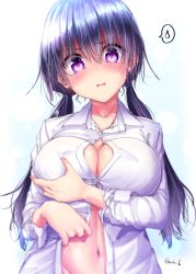 Rule 34 | 1girl, blue background, blush, grabbing another&#039;s breast, breasts, cleavage, collarbone, collared shirt, dress shirt, grabbing, grabbing own breast, gradient background, groin, hair between eyes, head tilt, large breasts, long hair, long sleeves, looking at viewer, low twintails, mokufuu, navel, open clothes, open shirt, original, parted lips, purple eyes, purple hair, shirt, solo, speech bubble, spoken sweatdrop, sweatdrop, twintails, twitter username, very long hair, wavy mouth, white background, white shirt